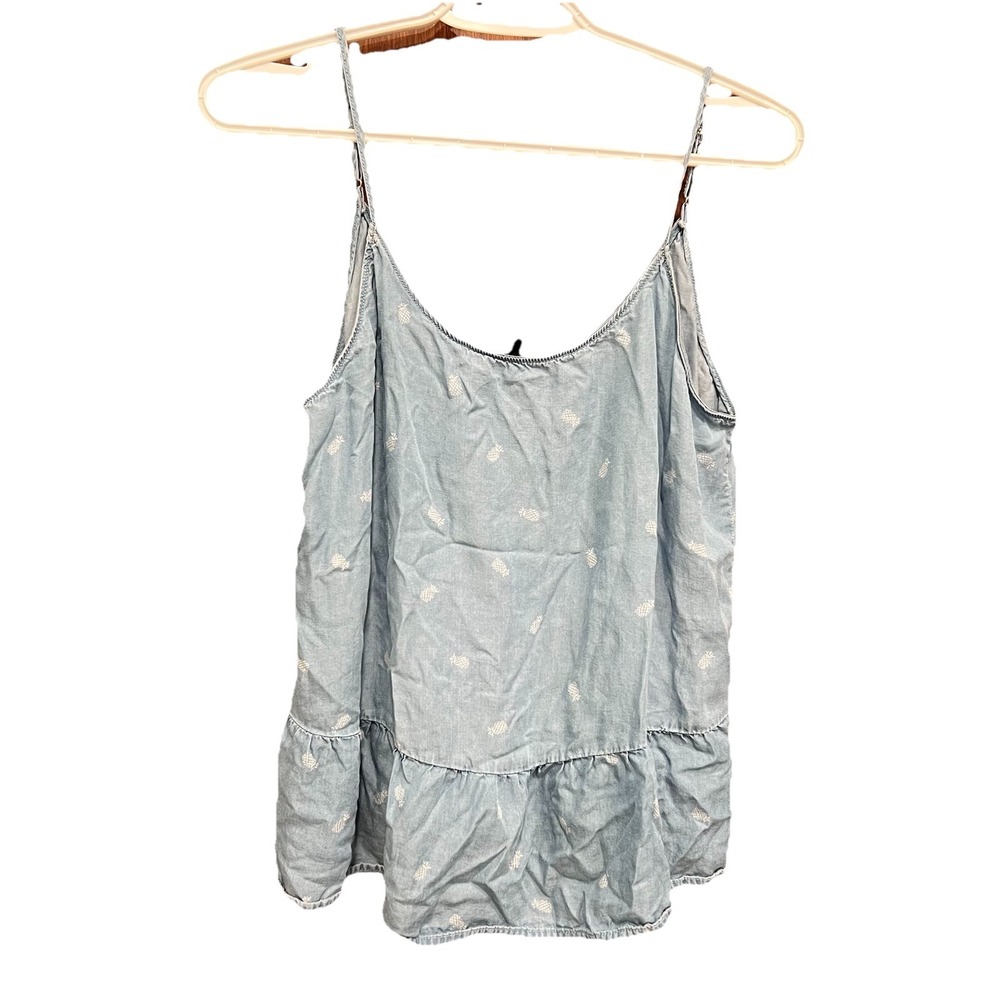 1250C Pineapple Print Cami Top Sleeveless Ruffle Hem Blue‎ Size S